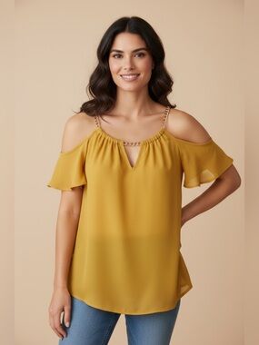 Charmed by Eve Women's Mustard Yellow Cold Shoulder Chain Detail Blouse Size M